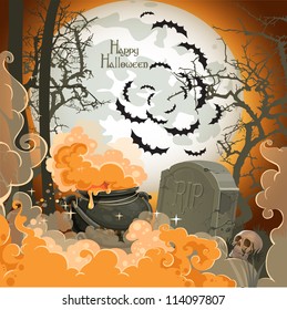 Happy Halloween Night of 31 October - pot of potion on the full moon in the cemetery