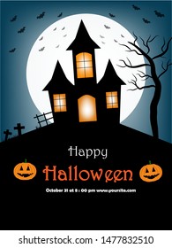 Happy Halloween night background with a castle,death tree and graveyard.Full moon and the bats flying in the night sky.Two pumpkins and Happy Halloween text and description.Vector  illustrator poster.