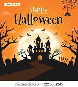 Happy halloween night background,  Cute banner or party invitation. Scary castle on graveyard. Full Moon Night in Spooky Forest. Spider web and flying bats. Place for text. Vector design illustration.