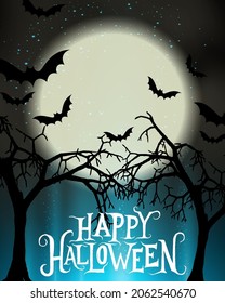 Happy Halloween night background with full moon and bats on trees. vector illustration.