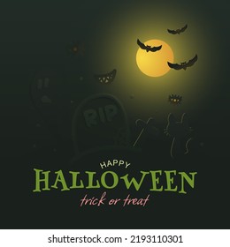 Happy Halloween night background with Full Moon Night in spooky graveyard with black cat, bats and ghost. Vector illustration. 