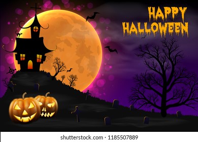 Happy Halloween night background with haunted scary house and full moon.