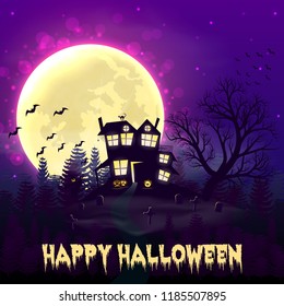 Happy Halloween night background with haunted scary house and full moon.