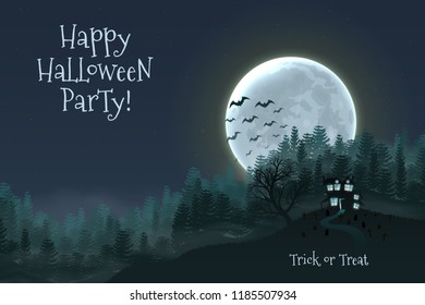 Happy Halloween night background with haunted scary house and full moon.