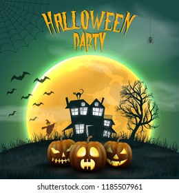Happy Halloween night background with haunted scary house and full moon.