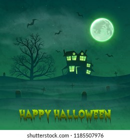 Happy Halloween night background with haunted scary house and full moon.