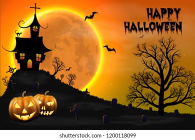 Happy Halloween night background with haunted scary house and full moon.