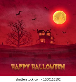 Happy Halloween night background with haunted scary house and full moon.