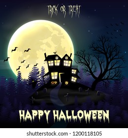 Happy Halloween night background with haunted scary house and full moon.