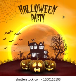 Happy Halloween night background with haunted scary house and full moon.