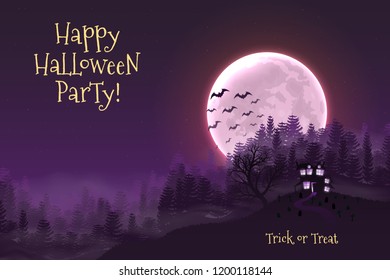 Happy Halloween night background with haunted scary house and full moon.