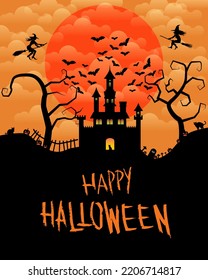 Happy Halloween night background image with spooky castle and full moon, vector illustration