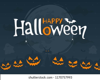 Happy Halloween. Night background with moon, scary pumpkins and text. Vector illustration.