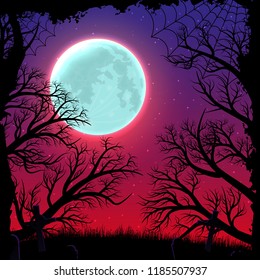 Happy Halloween night background with moonlight and forest silhouette.