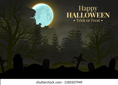 Happy Halloween night background with moonlight and forest silhouette.