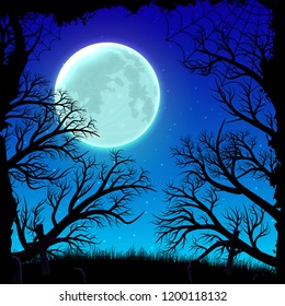 Happy Halloween night background with moonlight and forest silhouette.
