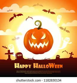 Happy Halloween night background of pumpkin on graveyard, full moon dark night and tombstone and black bat. Vector orange poster horror trick or treat. Halloween holiday greeting card.