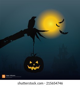Happy Halloween night background with pumpkin and full moon  Vector illustration. Witch hand hold pumpkin in night party