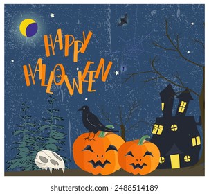 Happy Halloween night background, pumpkins, skull crow and dark castle. vector illustration. Forest and moonlight texture grange background. Cartoon illustration vector