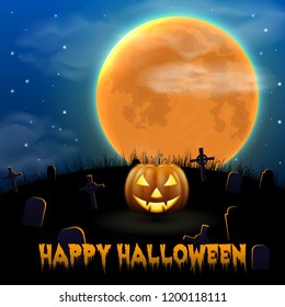 Happy Halloween night background with scary old graveyard and pumpkin