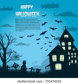 Happy Halloween night background with silhouette of castle near cemetery and flying bats flat vector illustration 