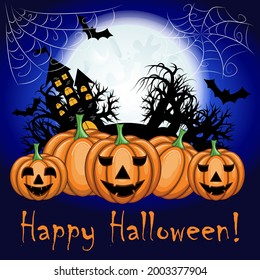 Happy Halloween night blurred background with pumpkin and copy space.