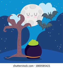 happy halloween, night cauldron spell tree bats and moon trick or treat party celebration vector illustration