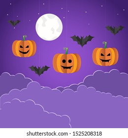 Happy Halloween  with night clouds and pumpkins .Full moon in the sky and flying bats. Vector illustration. 