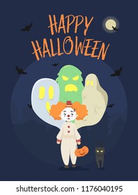 Happy Halloween Night Clown Trick or Treat with Ghosts Black Cats Full Moon Black Bats Greeting Poster
