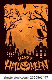 Happy Halloween night colorful poster with senior landscape of tombstones and mysterious castles near festive pumpkin vector illustration