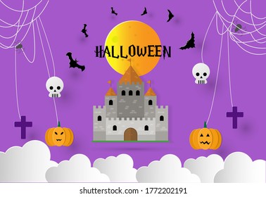 Happy Halloween night concept, background full moon at night in the sky with clouds and pumpkins, spiders, cranium, and flying bats. Paper cut style vector illustration.