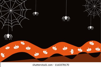 Happy Halloween Night concept: There are hanging spiders and web, pumpkins,  on orange and black background. Space for copy or text.
