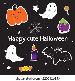 happy halloween night with cute ghost pumpkin in the witch house and bat leaves pot book spider