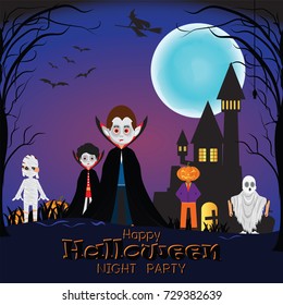 Happy Halloween night with different monster costume,  poster design template,Vector illustration.
