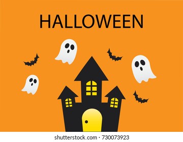 Happy Halloween Night with Ghost and Black House Orange Background Illustration