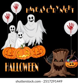 Happy Halloween night with ghost and pumpkin t shirt design.