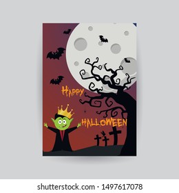 Happy Halloween Night greeting card for holiday party templates. Funny cartoon characters, moon, bats, vector illustration for poster, invitation, t-shirt prints, banners