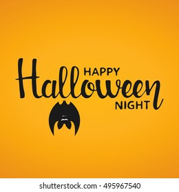 Happy Halloween night handwritten lettering. Modern vector calligraphy with cute hanging bat over yellow background for your design