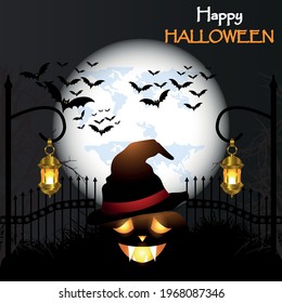Happy halloween night horror background with glowing pumpkin, full moon and flying bats 