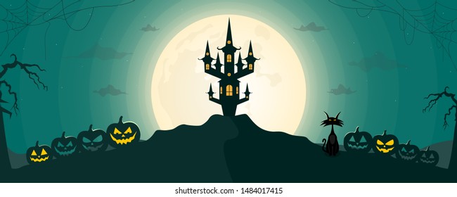 Happy Halloween night landscape background with moon and scary castle. Vector illustration.