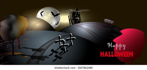 Happy Halloween. Night landscape with cemetery and moon