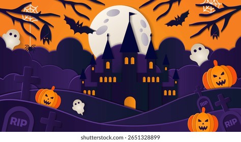 Feliz noite de Halloween, estilo de corte de papel. Ilustração vetorial. Cartaz de festa de truques ou travessuras