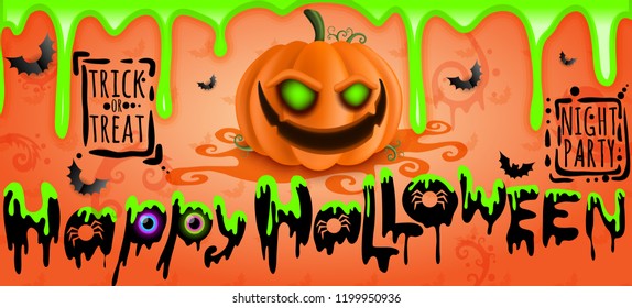 Happy Halloween, Night Party Ad Poster, Trick or Treat, Spider, Eyes, Bats, Pumpkin Character, Toxic Liquid, Cover, Design Ads Template, Promotion Banner, Realistic Hand Drawn, Vector 3D Illustration