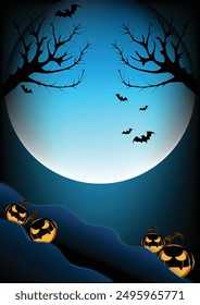 Happy Halloween night party background, elements for scary night decoration. Halloween discount banner flyer. Full moon in the dark sky, Place for text. Brochure layout template background. Vector