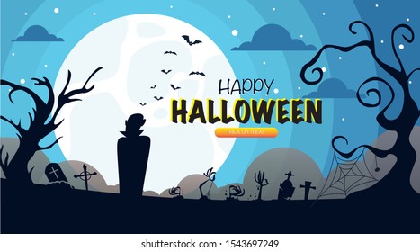 happy halloween night party dracula tomb blue sky background vector