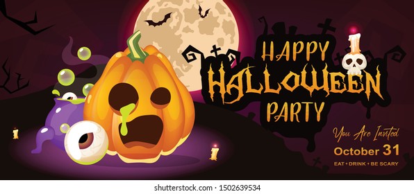 Happy halloween night party flat banner template. Autumn holiday invitation card design layout. Spooky cartoon background with gloomy pumpkin, moon and lettering. Helloween horizontal poster