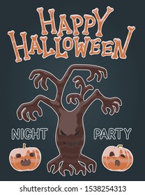 Happy Halloween night party flyer - bright jelly isolated vector illustration of scary brown tree plant and spooky pumpkin. Autumn black design for spooky holiday greeting. Halloween horror greeting.