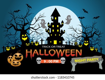 Happy Halloween night party holiday celebration on blue design poster vector illustration.