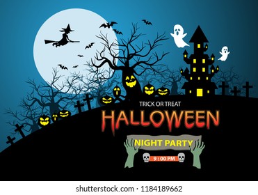 Happy Halloween night party holiday celebration festival poster design on blue moon vector illustration.