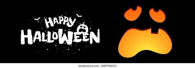 Feliz fiesta de noche de Halloween Plantilla de diseño de Anuncio Horizontal. Calabaza de Jack de linterna tallada cara de miedo en fondo negro e inscripción dibujada a mano. Tarjeta de felicitación tradicional del eps de vacaciones del 31 de octubre